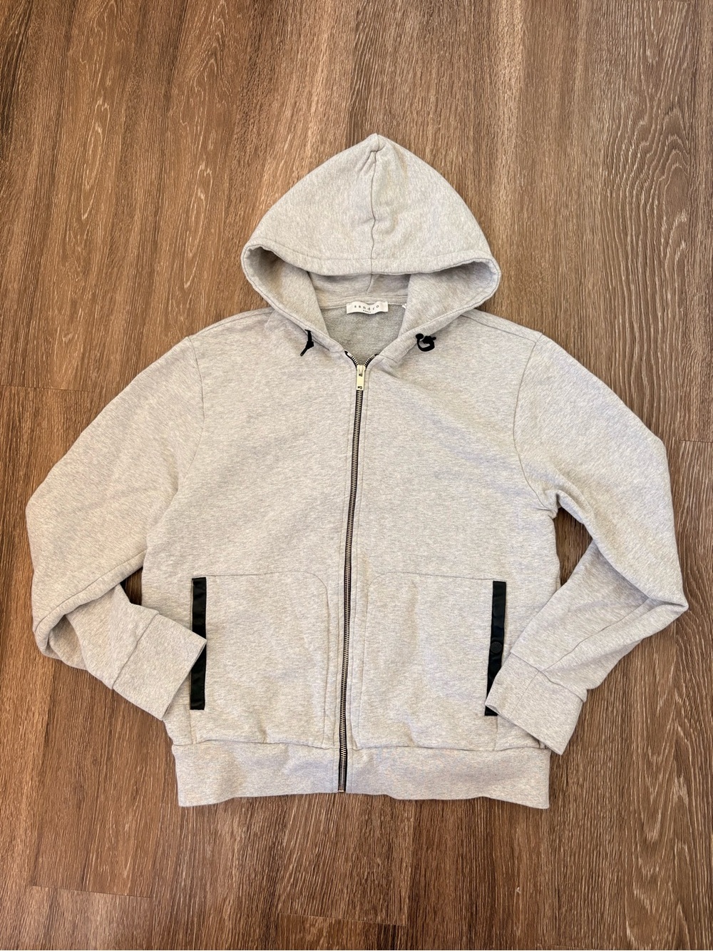 Sandro Paris Men’s XL Full Zip Hoodie Light Gray 100% Cotton Black Leather Trim